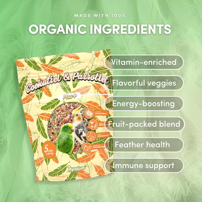 Mycelium Cockatiel & Parrotlet Plus Bird Seed (5 LB Bag) | Organic Pet Bird Food w/Fruits, Veggies & Pellets | Vitamin-Enriched Complete Daily Blend | Non-GMO, No Fillers, Made in USA