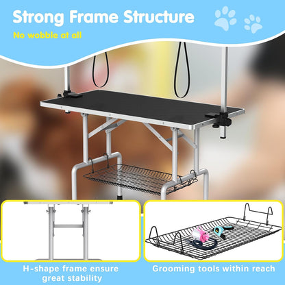 Lyromix 42''Large Dog Grooming Table, Adjustable Cat Drying Desktop with Arms, Nooses, Mesh Tray, Foldable Pet Station at Home, Maximum Capacity Up to 330Lb, 42inch, Black