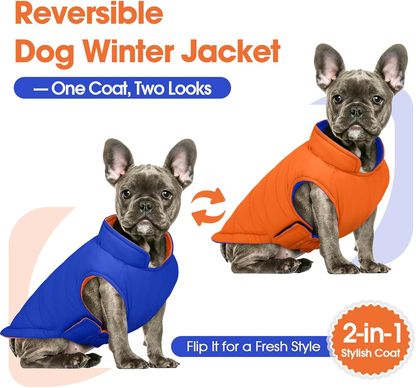 QBLEEV Reversible Dog Winter Coat, Waterproof Windproof Dog Jacket with Adjustable Fit & Leash Hole, Lightweight Warm Puffer Vest for Large Breeds, Orange, 2XL – Fits Labrador, Husky, Weimaraner
