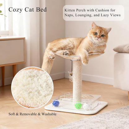 Modern 3-in-1 Interactive Cat Toy with Puzzle Box, Cat Bed/Perch & Scratching Posts, Colorful Jingle Balls, Dangling Accent, Puzzle Toys for Indoor Cats, Acrylic, White