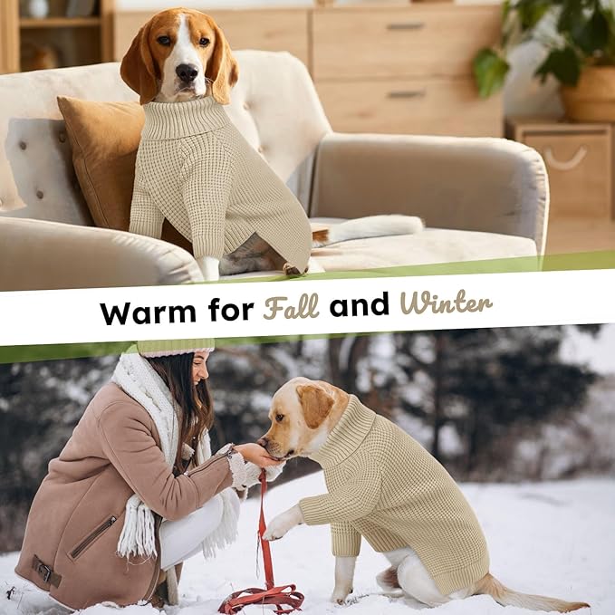 Queenmore XXL Dog Sweater, Large Dog Sweaters for Male Dogs, Turtleneck Plaid Kintsweaters for Large Breeds, Cold Weather Pullover Pet Clothes, Apricot 2XL