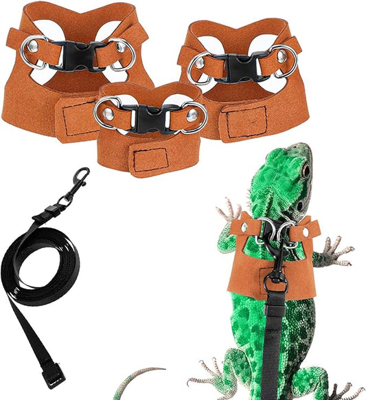 3 Pack Adjustable Harness and Leash Set Soft Leather Lizards Harness Small Animal Traction Rope Strap Bearded Dragon Lizard Training Walking Vest for Reptiles Squirrel Lizard Chinchilla