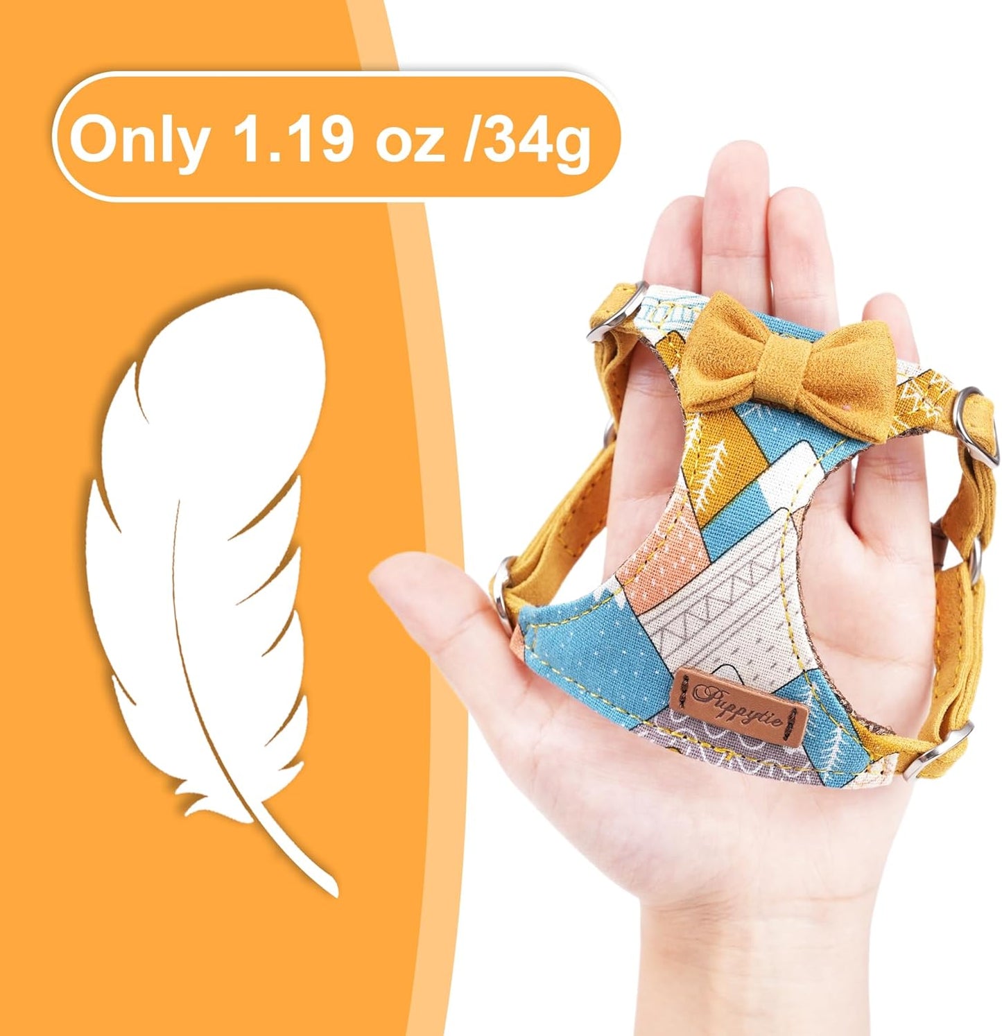 Puppytie No Pull xs Dog Harness with Multifunction Dog Leash,Soft Adjustable No Choke Escape Proof Pet Harness Vest,Suede Bow Yellow,XXS