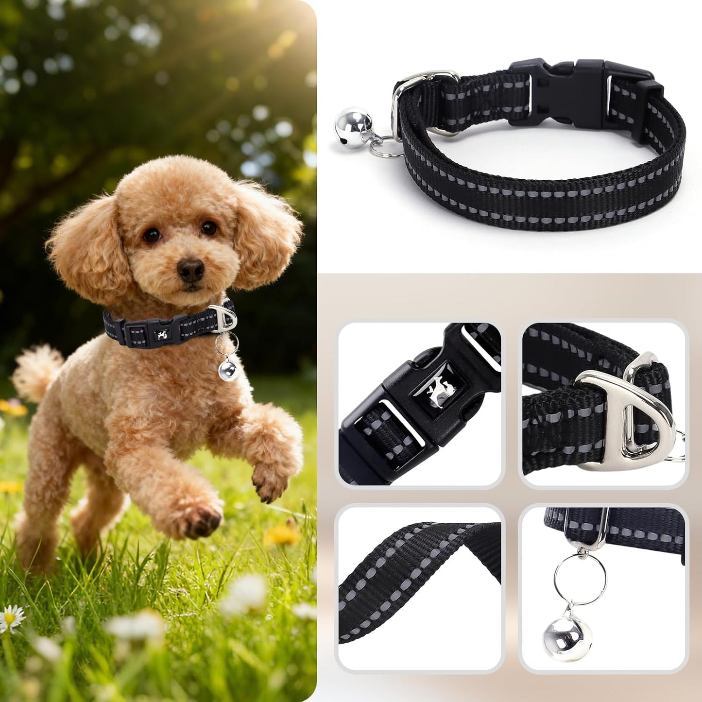 Small Dog Collar with Bell Reflective - Adjustable Puppy Collar for Nighttime Walks, Cute Basic Nylon Collar for Chihuahua Pomeranian Yorkie (Black S)