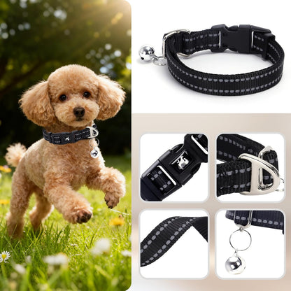 Reflective Dog Collar with Bell - Adjustable Nylon Puppy Collar for Small Dogs, Nighttime Safety for Chihuahua, Pomeranian, Yorkie, Black, XS