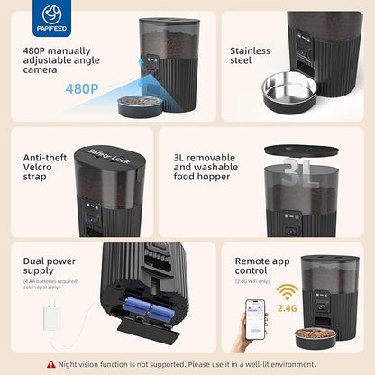 PAPIFEED Automatic Cat Feeder with Camera, ‌Adjustable Angle 2.4G WiFi Pet Feeder，3.5L/15 Cup Timed Dispenser,Timed Feeder for Remote Feeding with Stainless Steel Bowl up to 10 Meals Per Day with APP