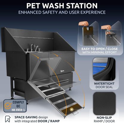 KANIS Black Line Professional Dog Washing Station - 304 Stainless Steel Pet Wash Sink & Grooming Bathtub w/Shower, Floor Grates and Storage for Large, Medium & Small Pets (61", 2 Drawers - Left Ramp)