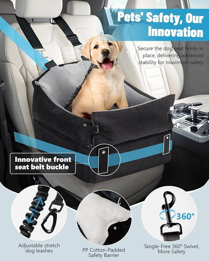 EASTBLUE Dog Car Seat for Small Medium Dogs Up to 35 lbs, 2 Memory Foam Pads Dog Booster Car Seat with Seatbelt, Washable Pet Carseat for Puppy & Cat, Dogs Travel Bed for Cars (Black/Grey)