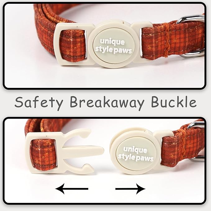 Unique style paws 2 Pack Autumn Halloween Kitten Collar Breakaway with Bell&Pendant, Adjustable Safety Coloeful Orange Brown Grid Cat Cotton Collar for Girl Boy Cat and Small Pet