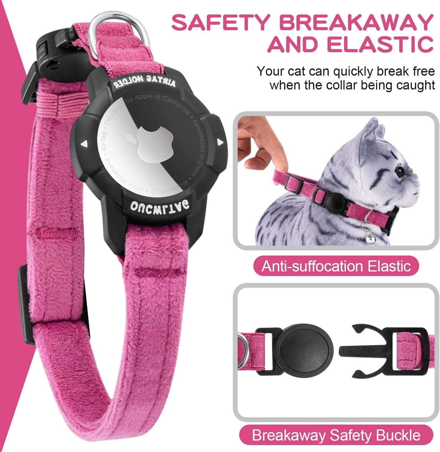 Luminous AirTag Cat Collar Breakaway, OUCWLTAG GPS Cat Collar with Apple Air Tag Holder, Cat Tracker Collars with Safety Elastic Band for Girl Boy Cats, Kittens and Puppies (Pink, 9-13 Inch)