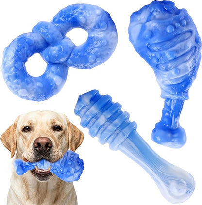WinTour Dog Chew Toys for Aggressive Chewers 3 Pack, Indestructible Dog Toy to Keep Them Busy, Tough Dog Toys for Aggressive Chewers for Small, Medium and Large Breeds, Bacon Flavor, Blue