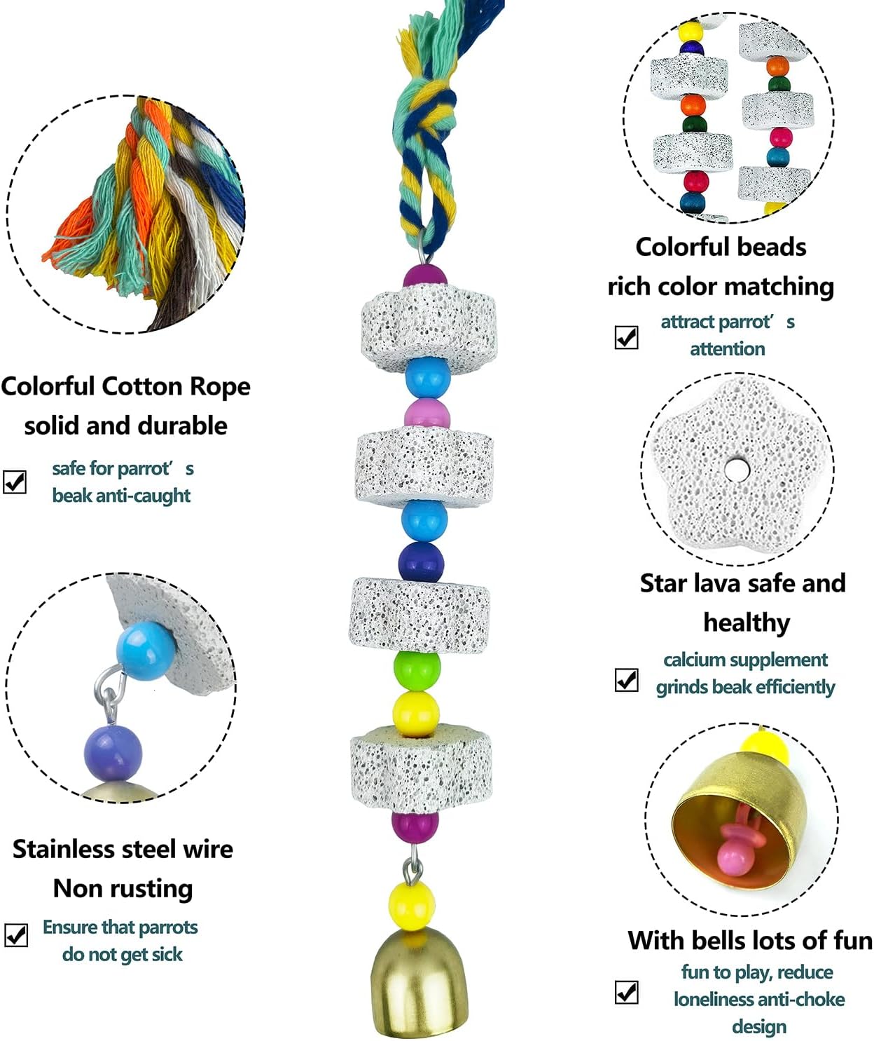 Parrot Chewing Toy with Bell - Bird & Parakeet Beak Grinding Stone - 3 Pack