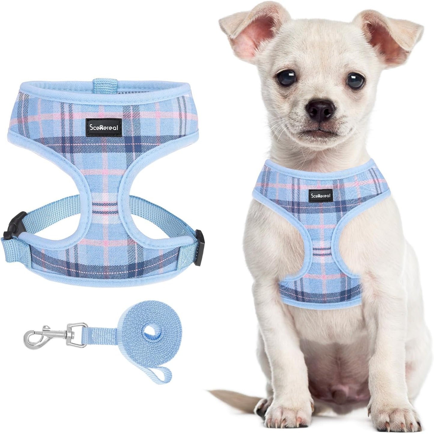 SCENEREAL Puppy Dog Harness with Leash Set for Small Medium Sized Dogs, Soft Mesh Step in Pet Harnesses and Leash, No Chock Plaid Adjustable No Pull Vest for Dogs Cats, Chihuahua,Bulldog (Blue XS)