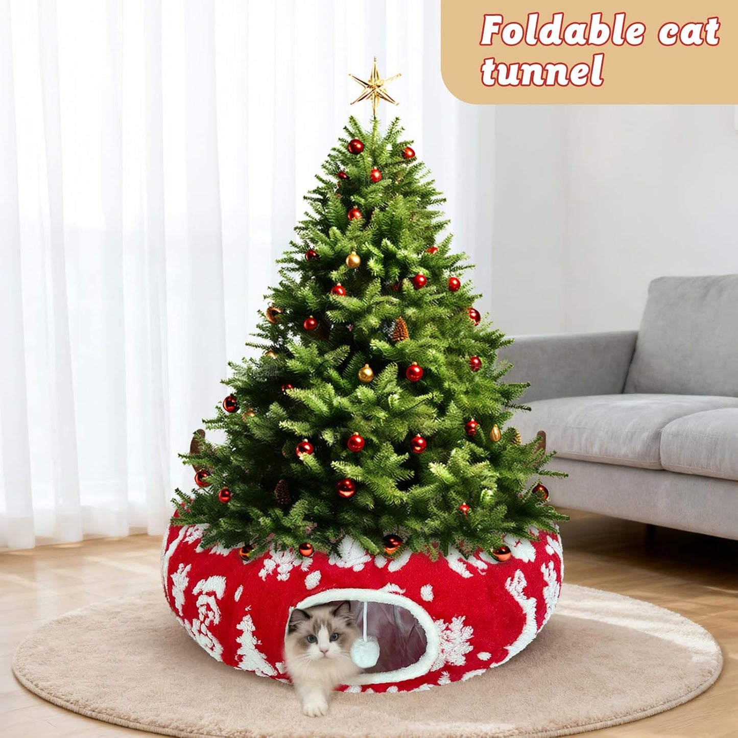 Cat Tunnel Bed for Indoor Cats, Soft Plush Donut Peekaboo Cat Cave, Multifunctional Playground Toy for Small Medium Large Cats, Kittens, Rabbits, Ferrets, with Washable Cushion (Christmas Red)