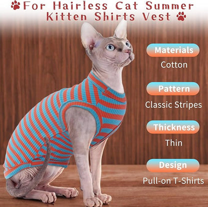 BRKURLEG Hairless Cats T Shirt, Cat Sweaters, Pullover Kitten Shirts, Sleeveless Round Collar Cotton Vest for Cornish Rex Devon Rex Peterbald and Small Dogs Sweater(OrangeBlue Stripes, S)