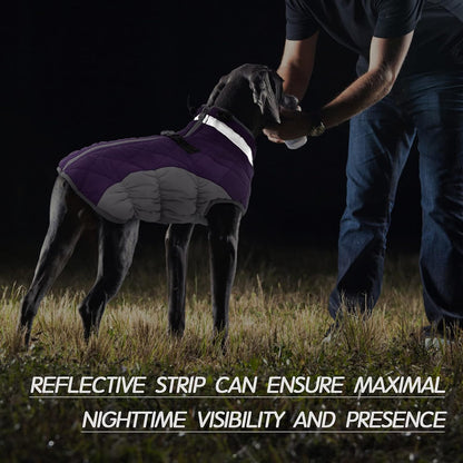 FUAMEY Dog Coat for Large Dogs,Waterproof Dog Winter Jacket with Harness Built in Puppy Cold Weather Coats Reflective Pet Vest with Zipper Warm Fleece Dogs Snowsuit Windproof Purple XL