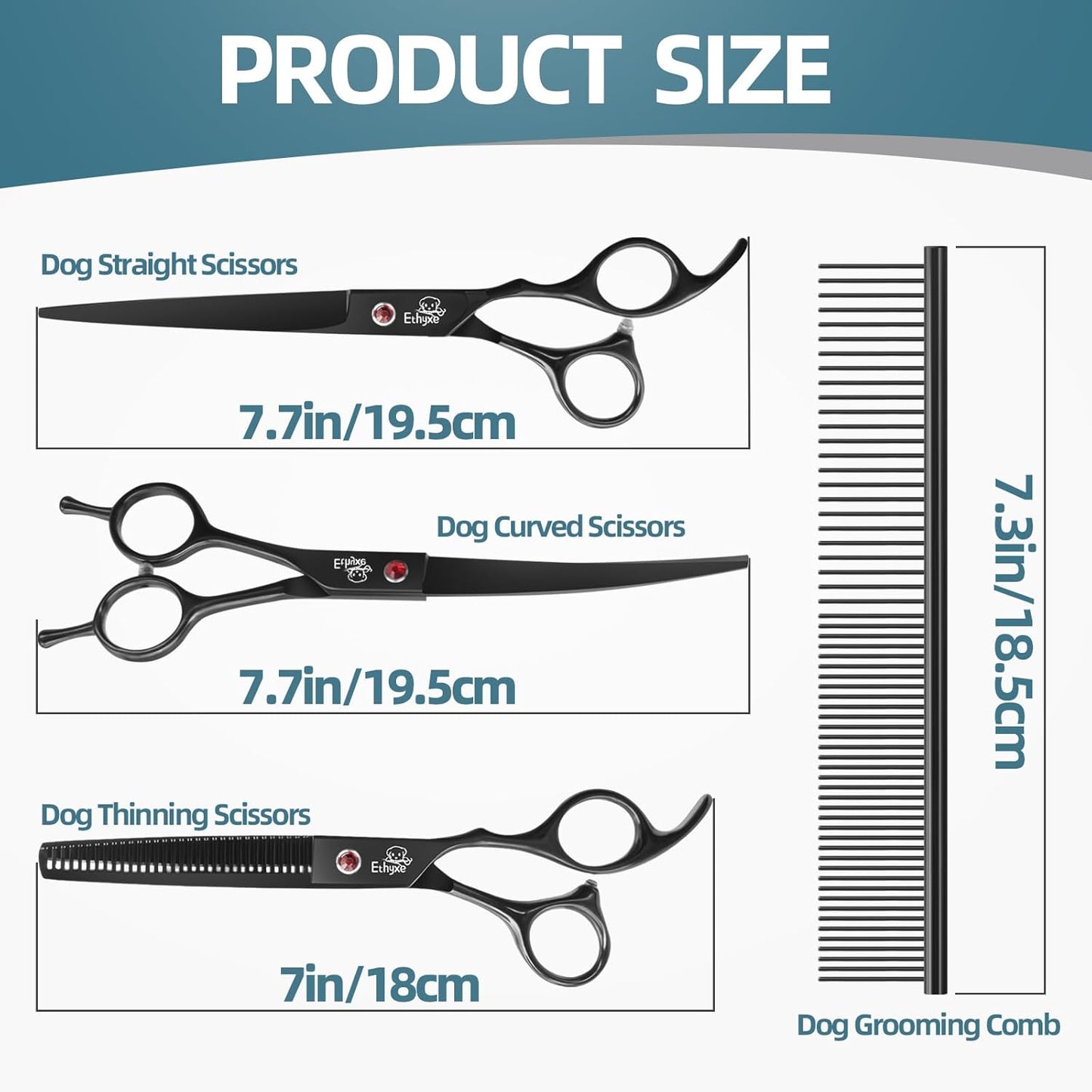 7.0" Professional Dog Grooming Scissors Kit – 3-Piece Set with Straight, Curved & Thinning Shears, Black Japanese Stainless Steel, Includes Grooming Comb for Dogs & Cats
