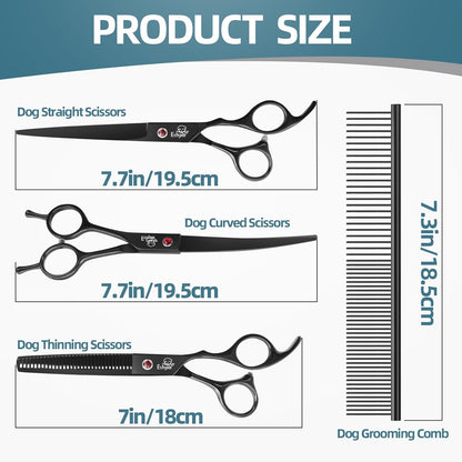 7.0" Professional Dog Grooming Scissors Kit – 3-Piece Set with Straight, Curved & Thinning Shears, Black Japanese Stainless Steel, Includes Grooming Comb for Dogs & Cats