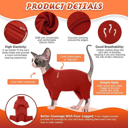 ROZKITCH Sphynx Clothes for Cats, Breathable Soft Cat Jumpers for Cats Only, Cat Coat with Four Legs, Warm Sweater T-Shirt Pajamas Jumpsuit Vest Cornish Rex Devon Rex Peterbald Red 2XL