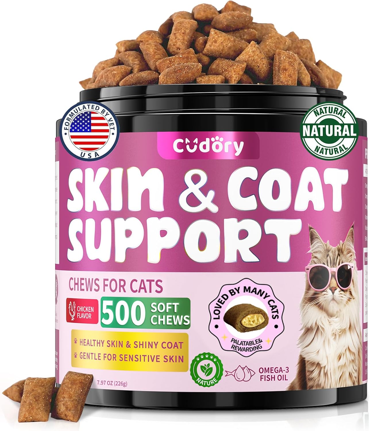 Omega 3 for Cats - 500 Skin & Coat Health Crunchy & Creamy Chews with Omega 3, Biotin & Vitamin E for Healthy Skin, Shiny Fur, Cat Supplements & Vitamins -Chicken Flavor