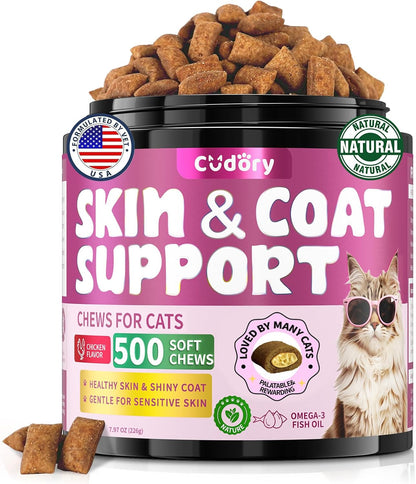 Omega 3 for Cats - 500 Skin & Coat Health Crunchy & Creamy Chews with Omega 3, Biotin & Vitamin E for Healthy Skin, Shiny Fur, Cat Supplements & Vitamins -Chicken Flavor