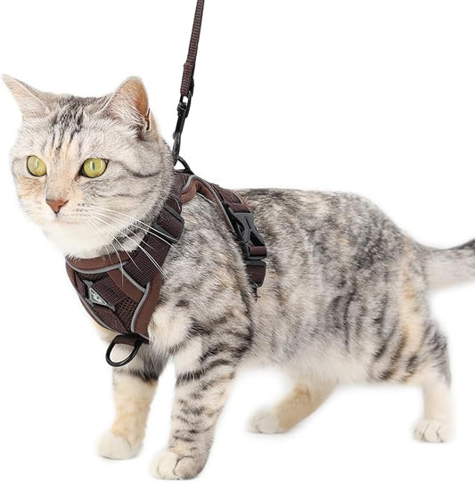 Cat Harness and Leash Set Escape Proof Tactical Large Kitten Harness Emotional Support Cat Vest, Brown, XXL