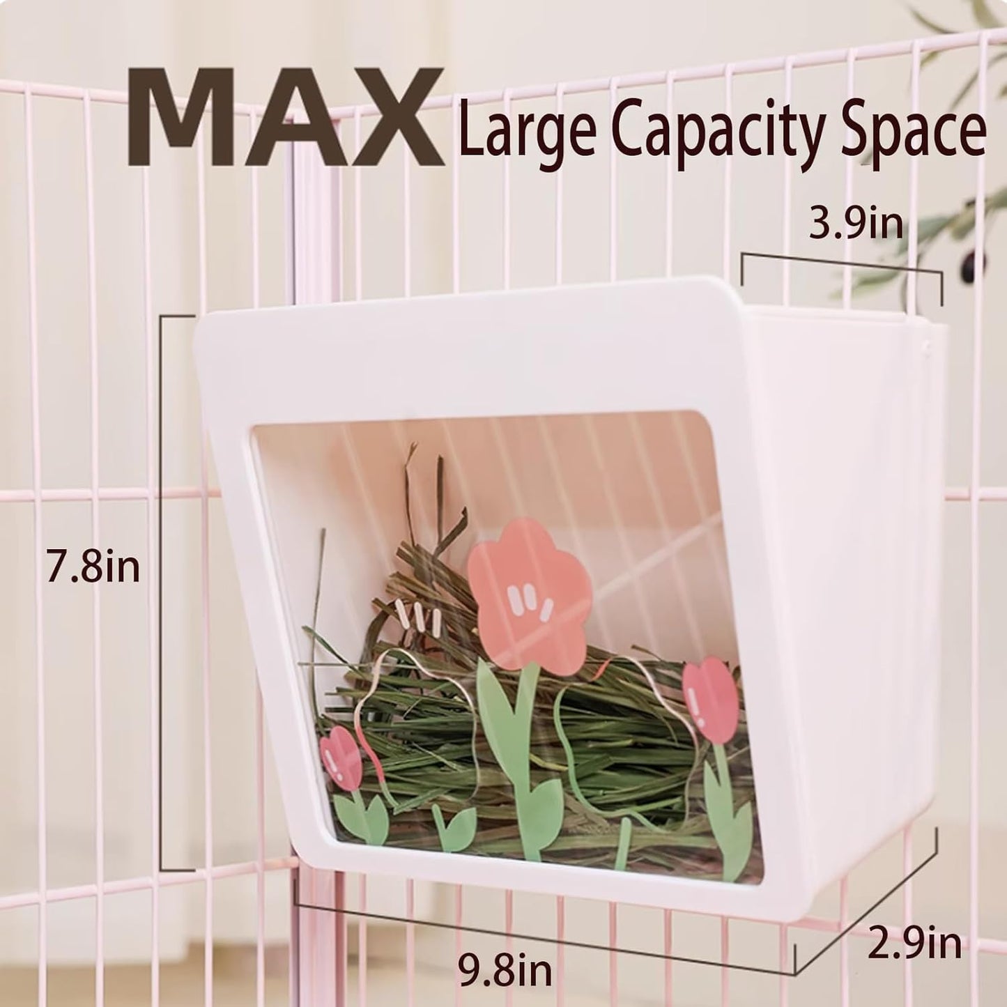 Hanging Rabbit Hay Feeder with Lid - No Waste Slow Feed Hay Rack for Rabbits, Guinea Pigs & Small Pets - Sturdy White Design, Easy to Fill & Clean, Cage Mounted Bunny Hay Holder (Flower Hole Style)