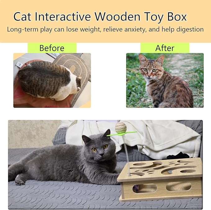 Interactive Wooden Cat Puzzle Toy Box Indoor Hunting Play Toy to Stimulate Your Cat’s Energy and Instincts (White)