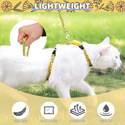 PUPTECK Adjustable Cat Harness and Leash Set Escape Proof Kitten Strap Collar for Walking Travel, Floral Pattern