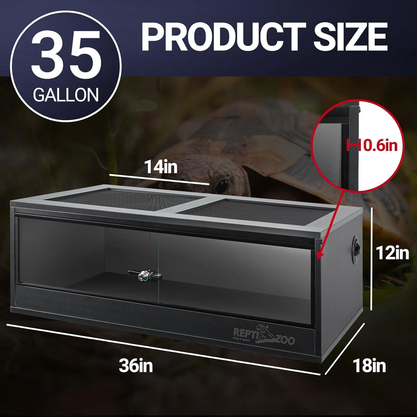 REPTI ZOO 35 Gallon PVC Reptile Tank, 36x18x12 Reptile Terrarium for Crested Gecko Leopard Gecko Frog Lizard Snake Turtle Hermit Crab, Reptile Enclosure with Sliding Door & Screen Ventilation, Black
