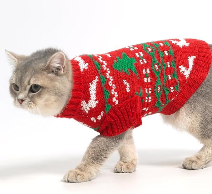 KOOLTAIL Cat Sweater Turtleneck- Soft Knit Cat Christmas Sweaters for Cats Only, Elk Christmas Tree Pattern Thick Warm Cold Weather Pet Clothes Outfit for Small Medium Large Size Kitten Puppy Red M