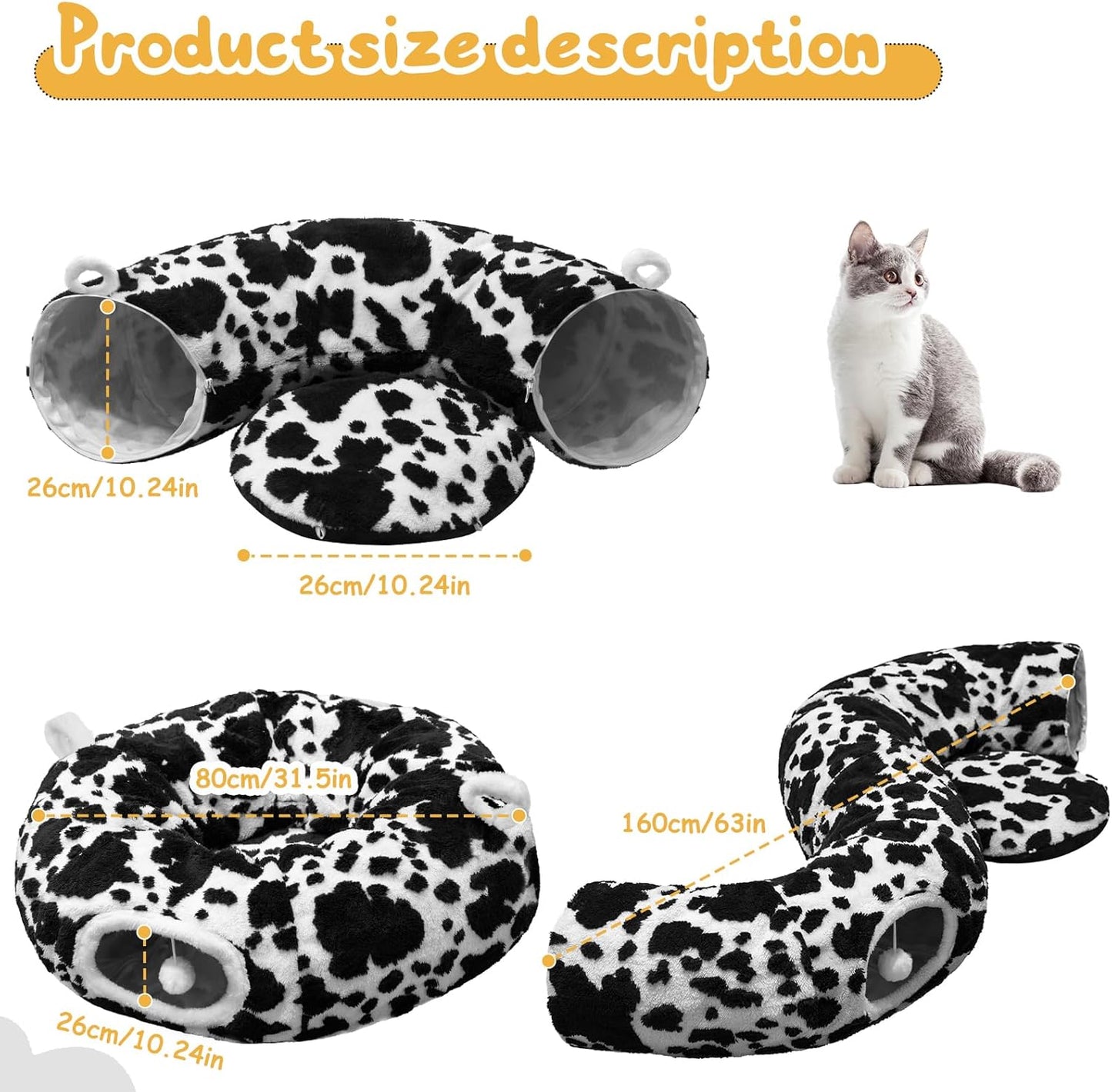 Cat Tunnel Bed for Indoor Cats, Soft Plush Donut Peekaboo Cat Cave, Multifunctional Playground Toy for Small Medium Large Cats, Kittens, Rabbits, Ferrets, with Washable Cushion (Black&White)