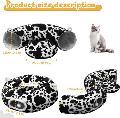 Cat Tunnel Bed for Indoor Cats, Soft Plush Donut Peekaboo Cat Cave, Multifunctional Playground Toy for Small Medium Large Cats, Kittens, Rabbits, Ferrets, with Washable Cushion (Black&White)