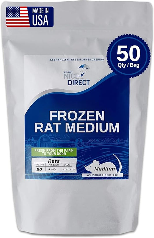 MiceDirect Frozen Rat Medium Feeder Food Adult Ball Pythons, Monitors, Lizards & Birds of Prey (6-8 in Pack of 50)
