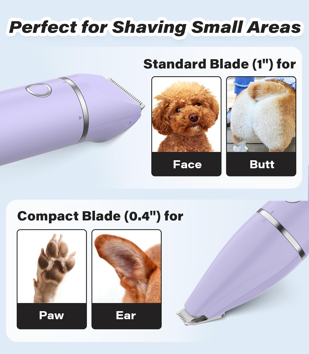 Casfuy Cordless Dog Paw Trimmer - Low Noise Small Dog Clippers with Double Blades USB Rechargeable Grooming Clipper for Dogs Cats and Small Pets for Trimming Hair Around Paws, Eyes, Ears, Face, Rump