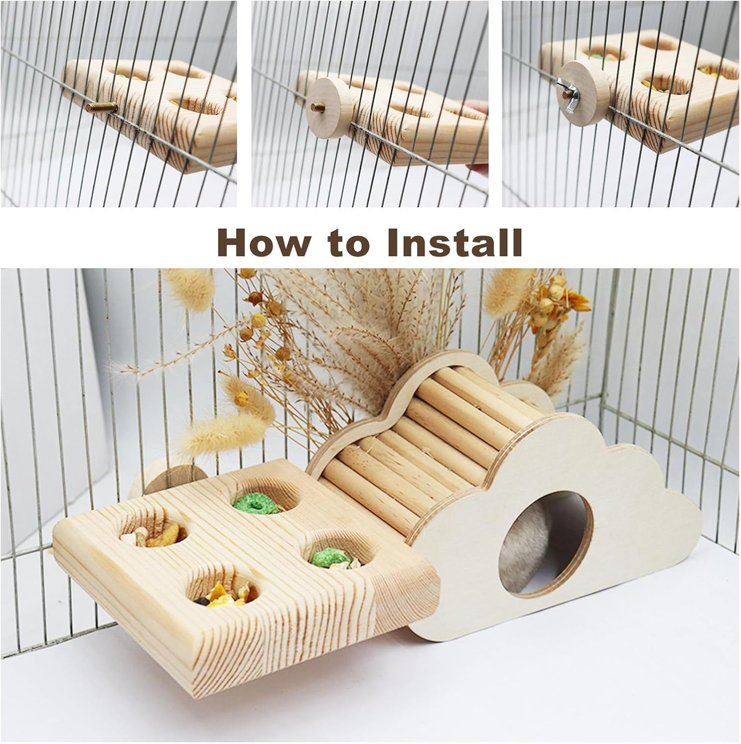 Hamster Cage Accessories, Wooden Feeding Dish with 4 Sections, Wooden Feeder for Small Animals, Food Bowl for Hamster, Guinea Pig, Chinchilla, Rat
