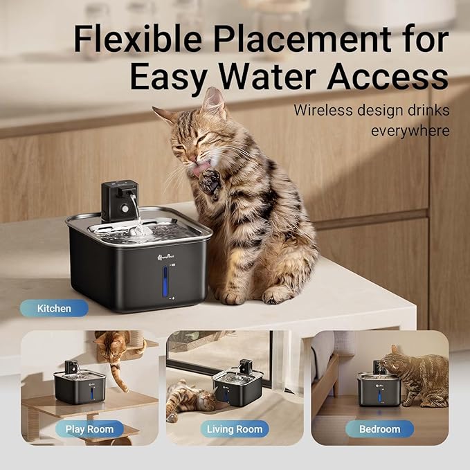 DownyPaws Cat Water Fountain Stainless Steel Cordless, 101 oz/3L FurSink Wireless Cat Water Dispenser for Pets, Battery Operated Pet Drinking Fountain with Motion Sensor, Easy Clean, Black