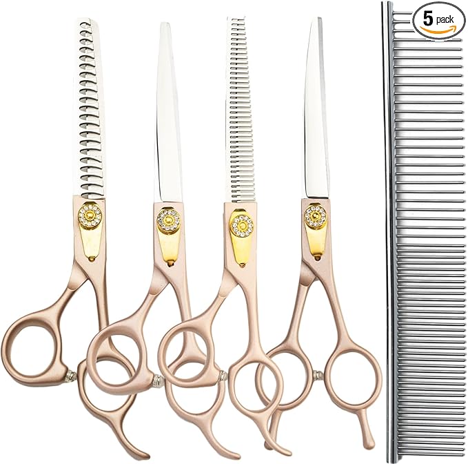 7.5‘’ Professional Dog Grooming Scissors Kit Rose Gold Stainless Steel Dog Scissors for Grooming 6 in 1 Grooming Shears Set for Dogs Cat Pet