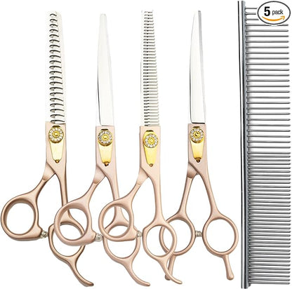 7.5‘’ Professional Dog Grooming Scissors Kit Rose Gold Stainless Steel Dog Scissors for Grooming 6 in 1 Grooming Shears Set for Dogs Cat Pet
