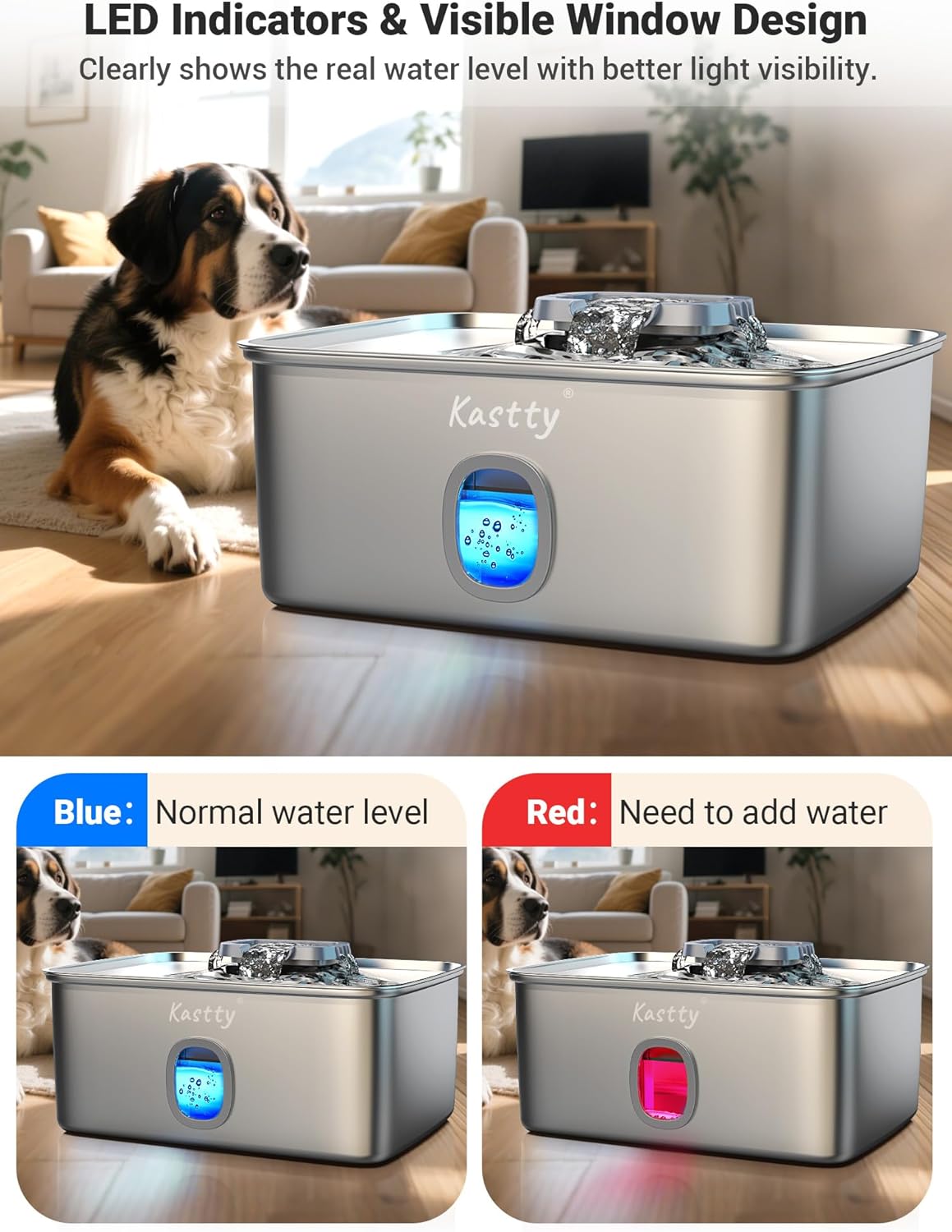 Kastty 15L/3.96 Gal Stainless Steel Dog Water Fountain, Large Capacity Dog Water Bowl Dispenser Quiet LED Light Triple Filtration BPA-Free, Automatic Pet Water Fountain Easy Cleaning for Pet FS76
