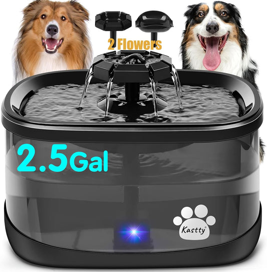 Kastty 2.5Gal/9.5L Dog Water Fountain 3 Flow Modes Cat Fountain with 2 Flower Spouts& 7" Larger Filter Super Filtration& Smart 3 in 1 LED Safe Pump, BPA-Free, Quiet for Large Dogs& Multi Pets(FS68)