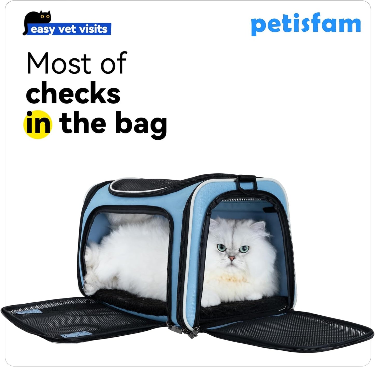 petisfam Pet Carrier Bag for Medium Cats and Puppy. TSA Airlined Approced. Easy Vet Visit, Airline Approved, Top Loading, Easy Storage
