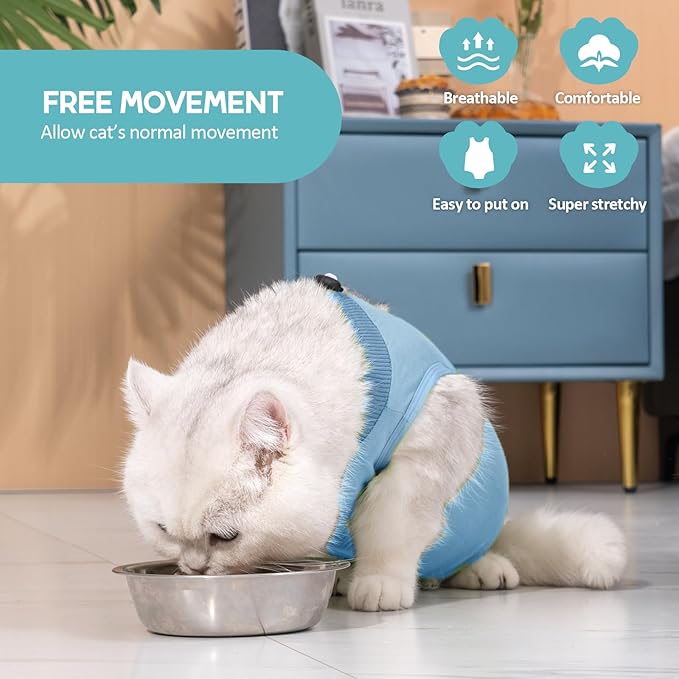 Avont Cat Recovery Suit - Kitten Onesie for Cats After Surgery, Cone of Shame Alternative Surgical Spay Suit for Female Cat, Post-Surgery or Skin Diseases Protection -Blue(L)