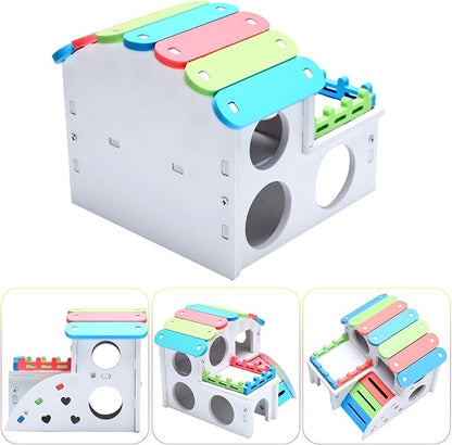 3 Pieces Fun Hamster Toys Guinea Pig Hideout Include PVC Hamster House, Rainbow Bridge, Seesaw Toy DIY Exercise Play Toys for Rats Mouse Small Animals(Small,Rainbow Color)