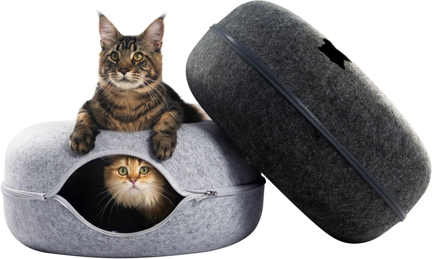 CATTASAURUS Peekaboo Cat Cave for Multiple & Large Cats Up to 30-45 Lbs, Scratch Detachable & Washable Tunnel Bed, Comfy Donut Cat Cave (Light Gray + Dark Gray, Large)