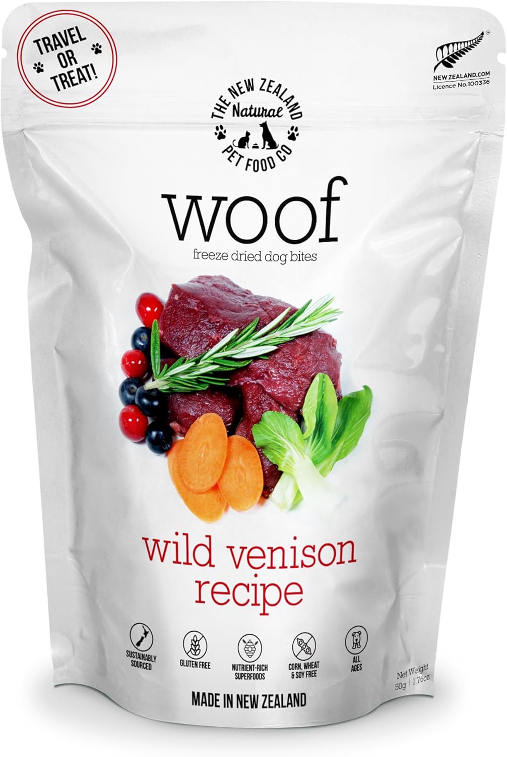 The New Zealand Natural Pet Food Co Woof Freeze Dried Dog Food - Wild Venison, High Protein, Dog Food Topper & Dog Treats, All Life Stages, 1.76 oz