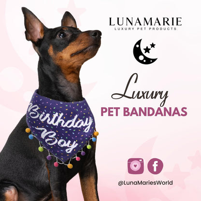 LunaMarie - Luxury Pet Birthday Bandanas -Premium & Silky Poly Fabric | 100% Handmade | Custom Shape Dual Layered (Birthday Boy, Medium)
