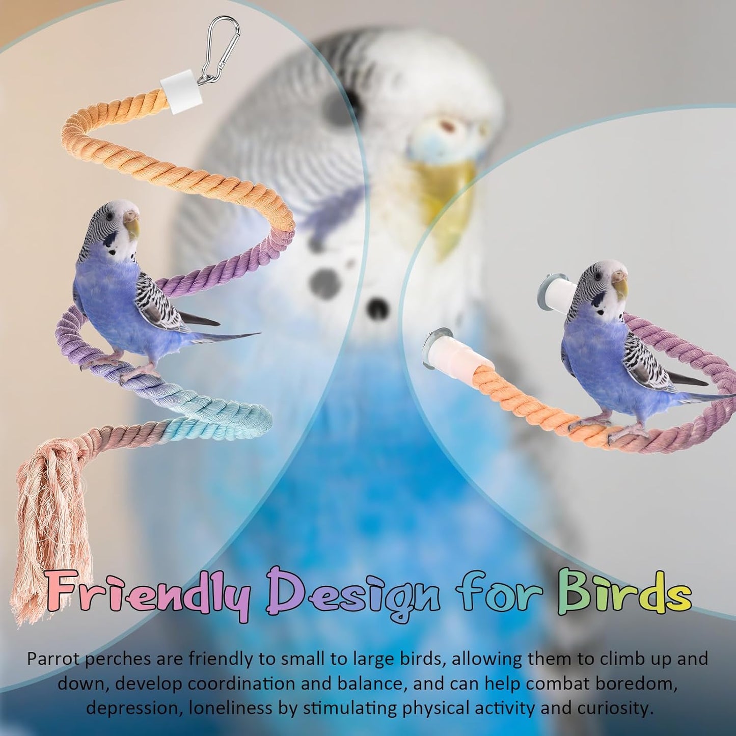 Skyygemm 2 Pcs Gradient Bird Rope Perch Stand 39.4" and 16.3" Bird Cage Climbing Rope Toys Accessories Multicolor Cotton Perches for Parrots, Cockatiels, Parakeets, Budgies, Lovebird, Conures, Finches