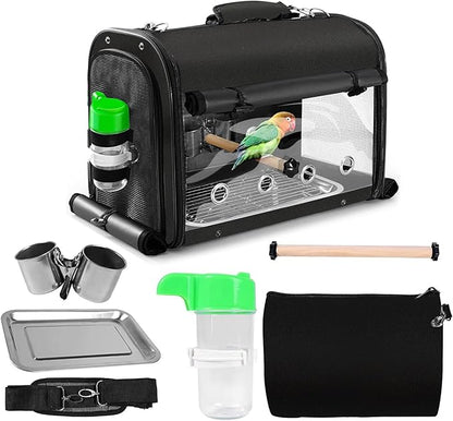 SUERTREE Bird Carrier Bag Bird Travel Cage with Stand, Lightweight Backpack for Parrot, Portable Bird Travel Bag, Pet Transparent Breathable Travel Cage, Black