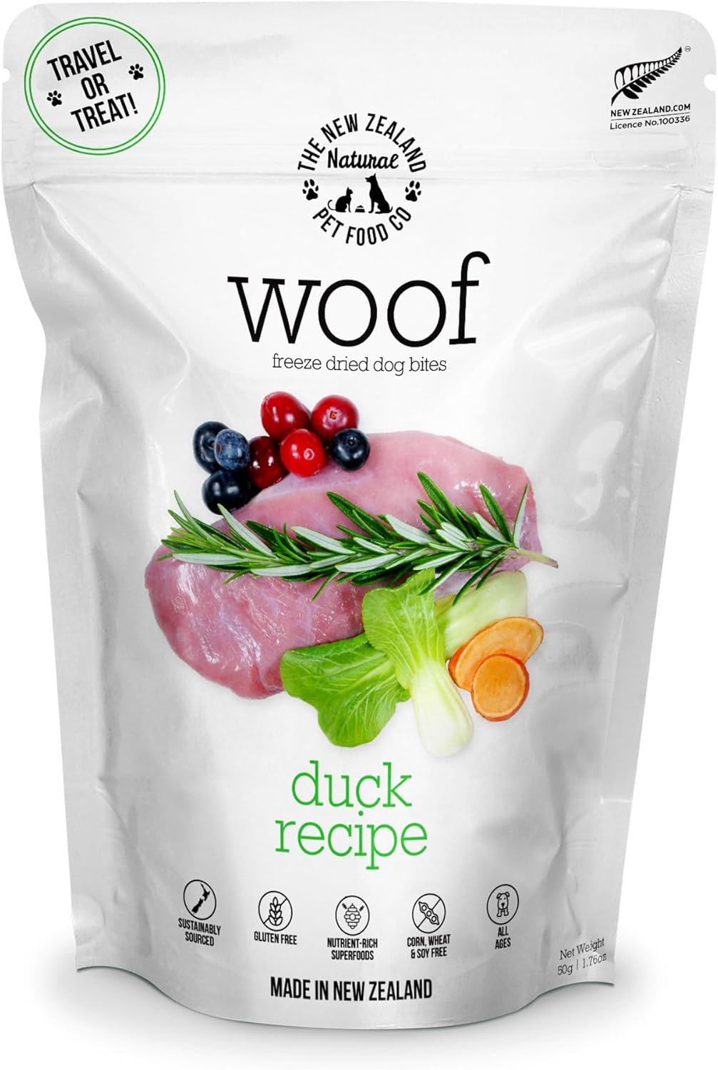 The New Zealand Natural Pet Food Co. Woof Freeze Dried Dog Food - Duck Recipe, High Protein, Complete Diet, Dog Treats, All Life Stages - 1.76 oz